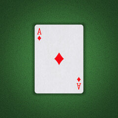 Ace of diamonds on a green poker background. Gambling. Playing cards.