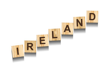 Ireland, word on wooden blocks. Isolated on a white background.