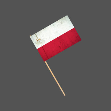 Poland grunge flag on a stick. Isolated on a gray background. Design element. Signs and Symbols.