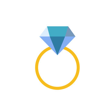 Flat icon - Wedding golden ring with blue diamond. Simple flat element on white