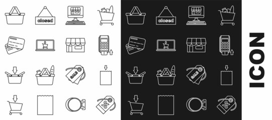 Set line Discount percent tag, Paper shopping bag, Pos terminal with inserted credit card, Shopping building on screen computer, cart laptop, Credit, basket and or market store icon. Vector