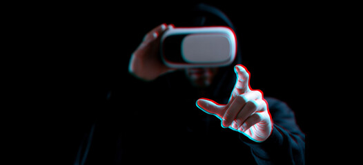 Vr goggles virtual reality blured. Young man in digital helmet for 3d virtual reality game on dark background. Study and virtual world in 3D simulation with glitch effect.