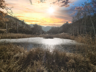 Fototapeta na wymiar Un laghetto semi ghiacciato di sera, in collina, circondato da piante e da natura