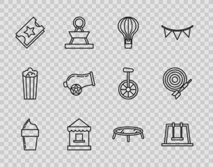 Set line Ice cream in waffle cone, Swing, Hot air balloon, Ticket box office, Cannon, Jumping trampoline and Classic dart board and arrow icon. Vector © Oksana