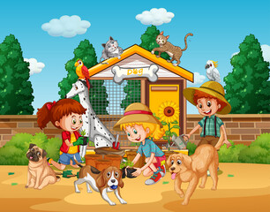 Obraz na płótnie Canvas Park scene with children playing with their pets