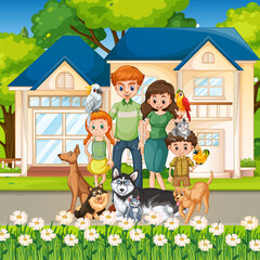 Obraz na płótnie Canvas Outdoor scene with family and their pet