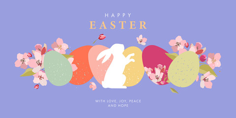 Happy Easter greeting card. Trendy Easter design with border made of eggs, bunny and spring flowers in pastel colors on light blue. Modern flat style. Horizontal poster, banner, header for website