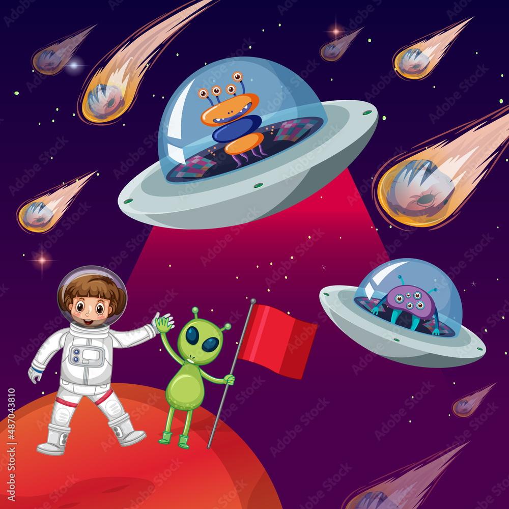 Canvas Prints an astronaut in space with alien in ufo
