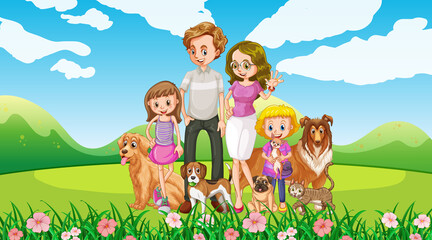 Obraz na płótnie Canvas Outdoor scene with happy family and dogs