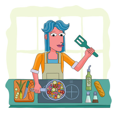 woman cooking colorful food in kitchen clip art preview