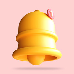 Yellow ringing bell icon, notification bell with one new message, social media reminder. 3d rendering illustration