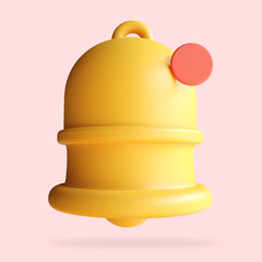 Yellow ringing bell icon, notification bell with one new message, social media reminder. 3d rendering illustration