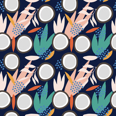 Tropical coconut seamless pattern, hand drawn abstract style, decoration, textiles, wallpaper
