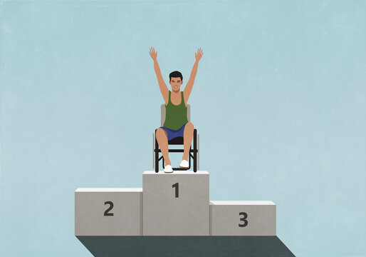 Portrait confident paraplegic athlete in wheelchair on 1st Place podium
