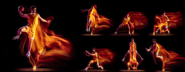 Collage of young man, professional basketball player in motion, trainin isolated over black background with mixed lights © Lustre Art Group 