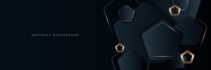 Modern luxury horizontal banner background with overlay dark blue golden geometric shapes layer and shadow decoration. Trendy simple pentagon shapes texture design. Luxury and elegant concept - obrazy, fototapety, plakaty