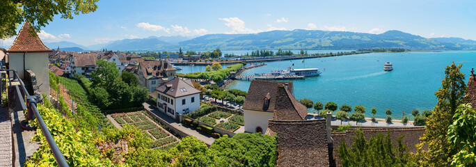 breathtaking view from capuchin monastery Rapperswil, to lake Zurichsee and Obersee, switzerland