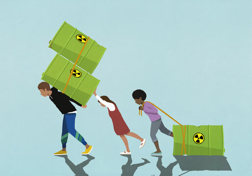 Kids Carrying And Pulling Hazardous Oil Barrels
