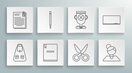 Set line School backpack, Pencil with eraser, Notebook, Scissors, Teacher, Award cup, Chalkboard and File document and paper clip icon. Vector