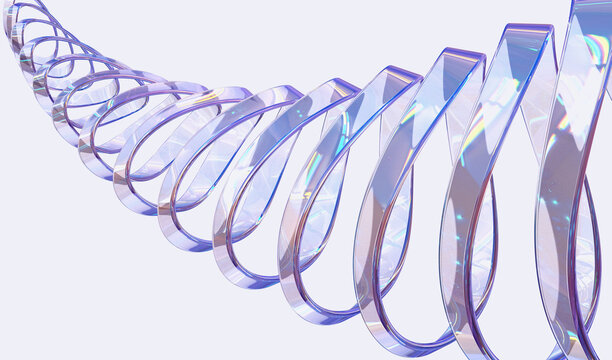 Abstract geometric background with chromatic glass twisted spiral, dispersion effect. Purple curved rings or plastic translucent gradient ribbons on white background, modern wallpaper, 3d render