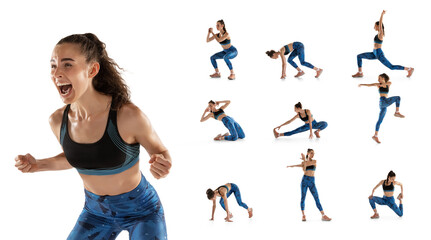 Collage of young woman, track atheletes doing stretching before run, training isolated over white background