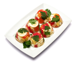 Portion of delicious chicken aspic on a plate isolated on white background