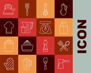 Set line Coffee turk, Crossed fork and spoon, Paper package milk, Pizza knife, Measuring cup, Chef hat, Kettle with handle and Scales icon. Vector