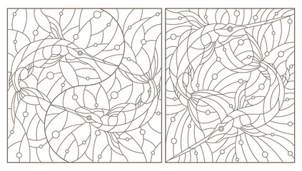 Set of contour illustrations of stained glass Windows with fish sword, dark contours on white background