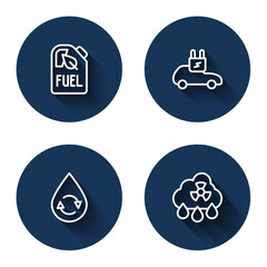 Set line Bio fuel canister, Electric car, Recycle clean aqua and Acid rain radioactive cloud with long shadow. Blue circle button. Vector