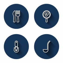 Set line Crossed knife and fork, Fried eggs on frying pan, Pizza and Kitchen ladle with long shadow. Blue circle button. Vector