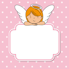 Cute angel girl with frame with space for text or photo.