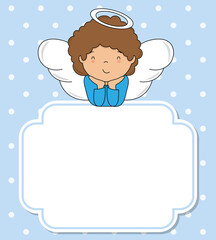 Cute angel boy with frame with space for text or photo.