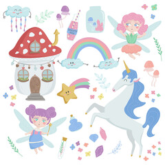 illustration set of magical characters from a fairy tale. Cute unicorn, fairies, mushroom house and other elements ideal for children's designs