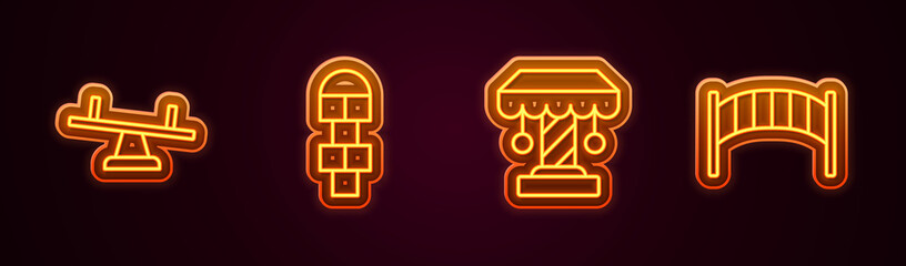 Set line Seesaw, Hopscotch, Attraction carousel and Playground kids bridge. Glowing neon icon. Vector