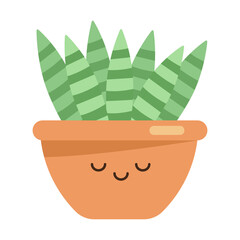 Cute succulent or cactus with happy kawaii face vector illustration. Kawaii character on isolated white background.