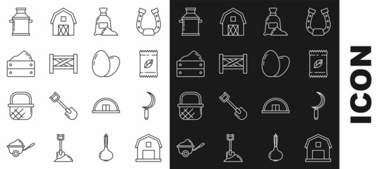Set line Farm House concept, Sickle, A pack full of seeds of specific plant, Bag flour, Garden fence wooden, Wooden box with harvest, Can container for milk and Chicken egg icon. Vector