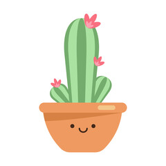 Cute succulent or cactus with happy kawaii face vector illustration.  Kawaii character on isolated white background.