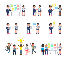 Fototapeta na wymiar Set of people in office in various situations. Man and woman talking, pointing to chalkboard, showing presentation and other actions. Modern vector illustration