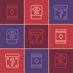 Set line Magic carpet, Mystery box and Ancient magic book icon. Vector