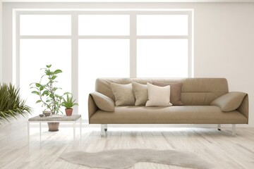 White living room with sofa. Scandinavian interior design. 3D illustration