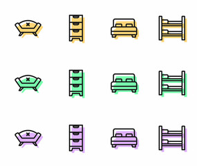 Set line Big bed, Sofa, Chest drawers and Bunk icon. Vector