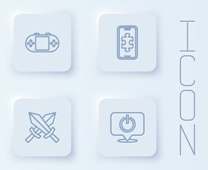 Set line Portable video game console, Mobile gaming, Sword for and Power button. White square button. Vector