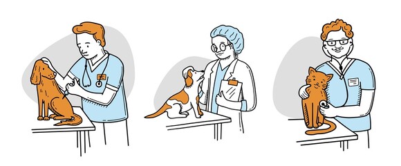 Vector set of veterinarians taking care of dogs and cats. hand drawn illustrations. For a veterinary clinic. Pet Shop. doodle