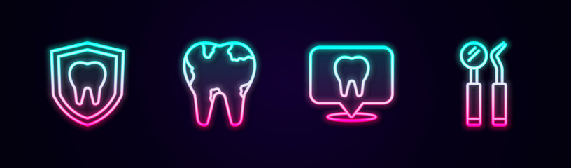 Set line Dental protection, Broken tooth, clinic location and mirror and probe. Glowing neon icon. Vector