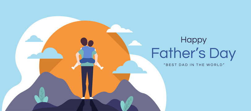 happy father's day - The son rode on his father s back and stood to watch the sun rise on the top of the mountain vector design