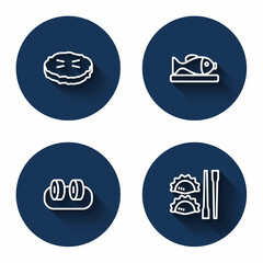 Set line Homemade pie, Served fish on plate, Sushi and Dumpling with chopsticks with long shadow. Blue circle button. Vector