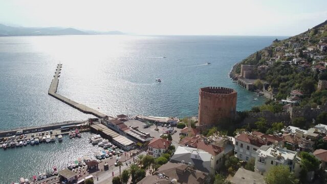 Aerial view of Alanya Marina and the Kizil Kule, Turkey