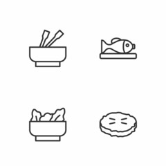 Set line Homemade pie, Wonton, Asian noodles in bowl and Served fish plate icon. Vector