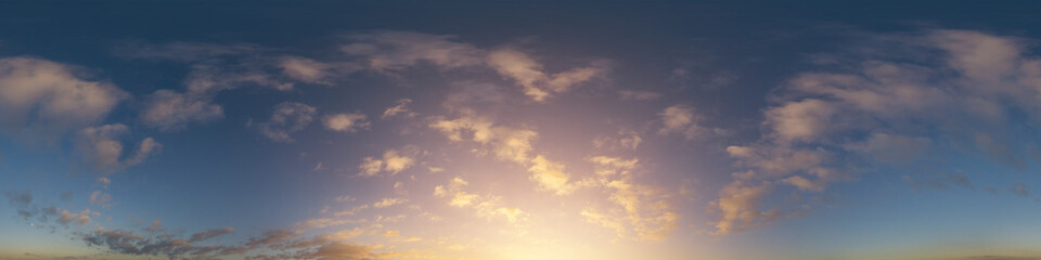 Dark blue sunset sky panorama with pink Cumulus clouds. Seamless hdr 360 panorama in spherical...