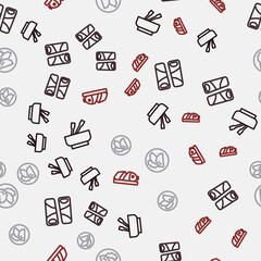 Set line Asian noodles in bowl, Guotie, Dumpling and Fish with sliced pieces on seamless pattern. Vector